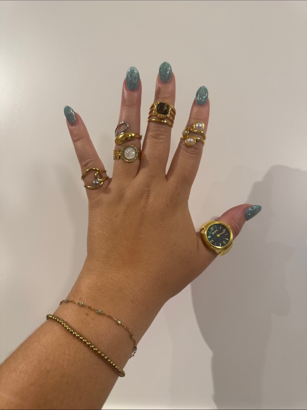 Gold Stackable Rings and Watch ring (works) Set -adjustable - Picture 2 of 6
